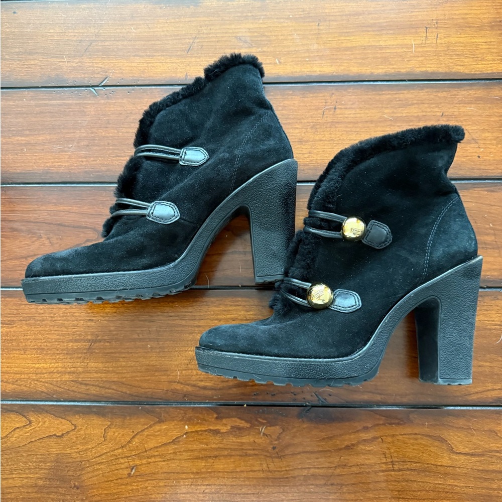 Coach Black Heeled Boots with Gold Accents